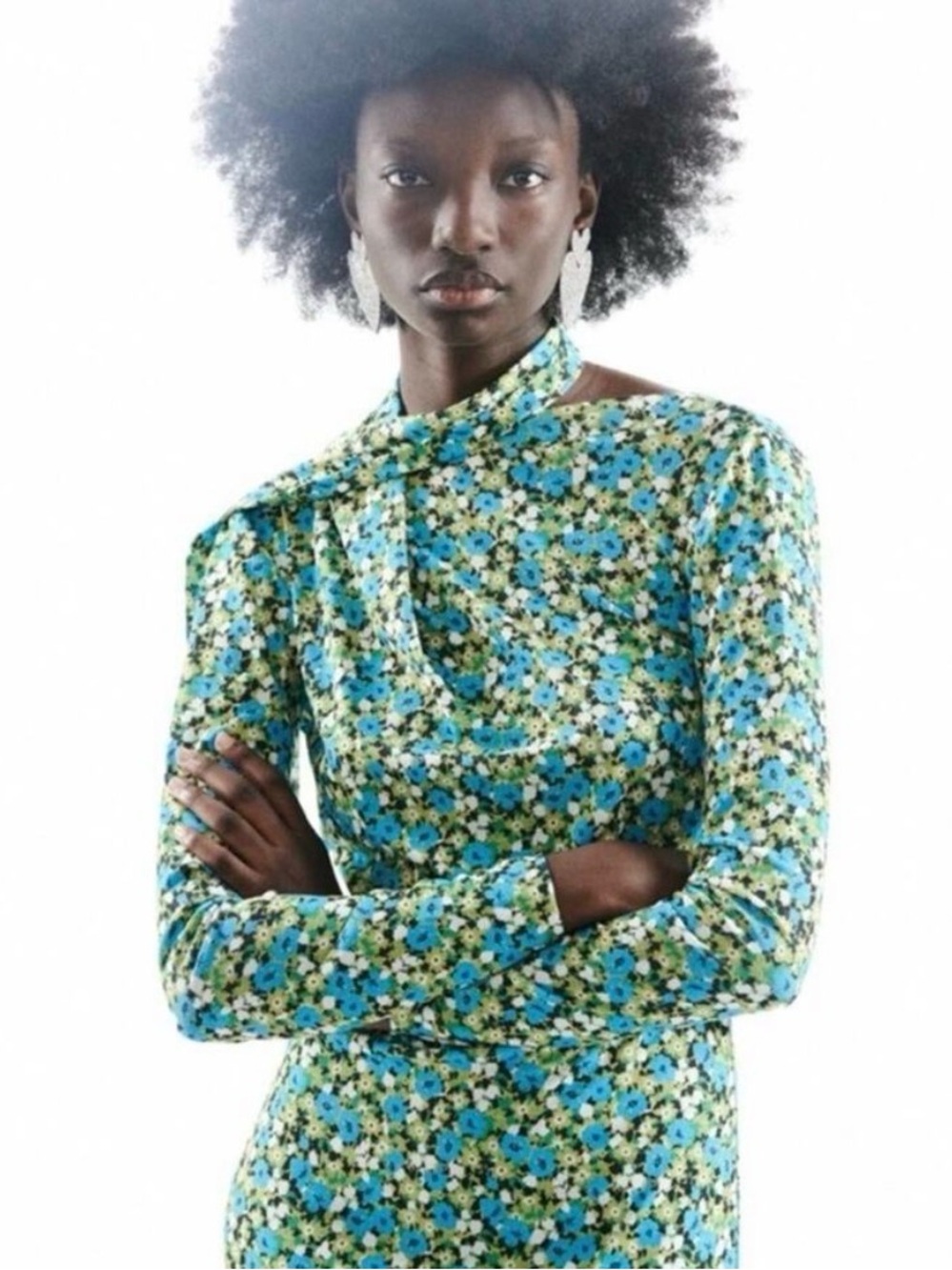 Zara Blue and Green Floral Midi Dress